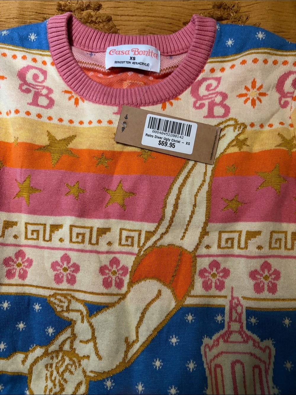 Casa Bonita Pink, Blue and Gold Christmas Sweater. NWT xs - Picture 2 of 4